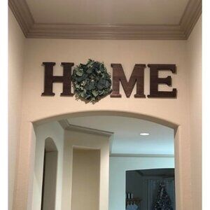 Wooden Home Sign with Artificial Eucalyptus Wreath for O, 9.8'' Home Letters